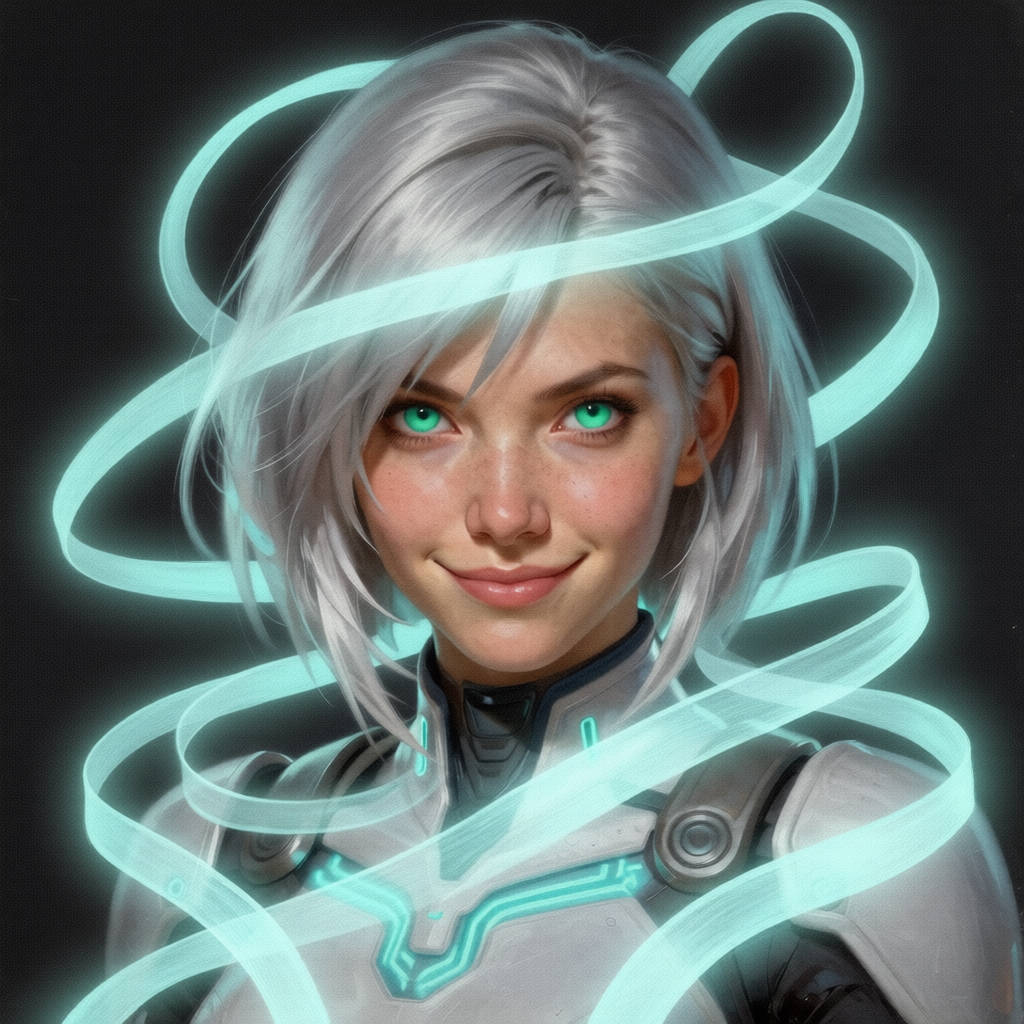 Wisp character art with bright eyes and flowing turquoise ribbons